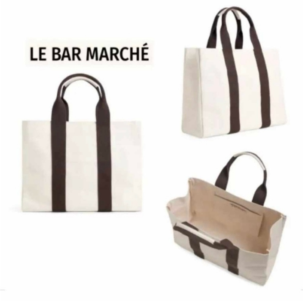 Le Bar Marche Beach White and Brown Canvas Tote Bag.